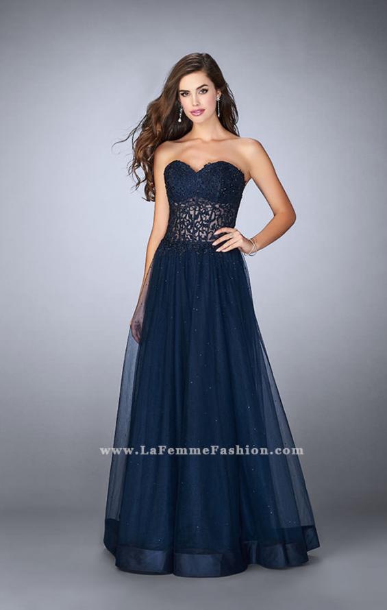 Picture of: Strapless dress with a sheer corset bodice and beaded tulle skirt in Blue, Style: 22964, Detail Picture 1