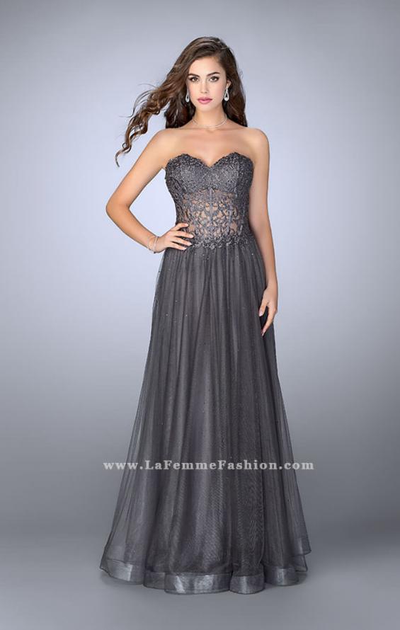 Picture of: Strapless dress with a sheer corset bodice and beaded tulle skirt in Silver, Style: 22964, Detail Picture 2