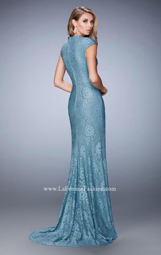 Picture of: Embellished Lace Evening Gown with Cap Sleeves in Blue, Style: 22971, Back Picture
