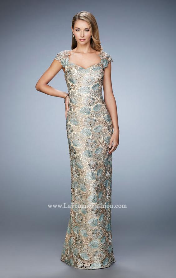Picture of: Long Lace Evening Gown with Cap Sleeves in Gold, Style: 22984, Main Picture