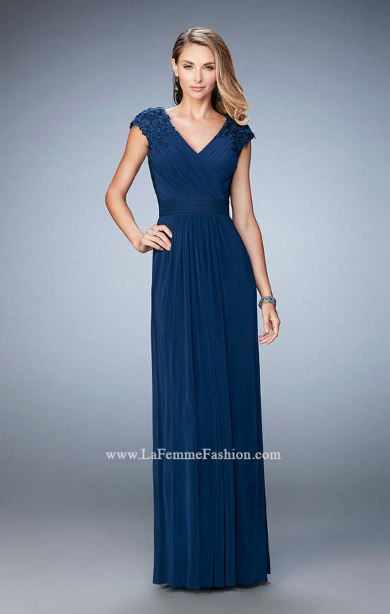 Picture of: Cap Sleeve Evening Gown with Pleats and Lace in Blue, Style: 23004, Detail Picture 1