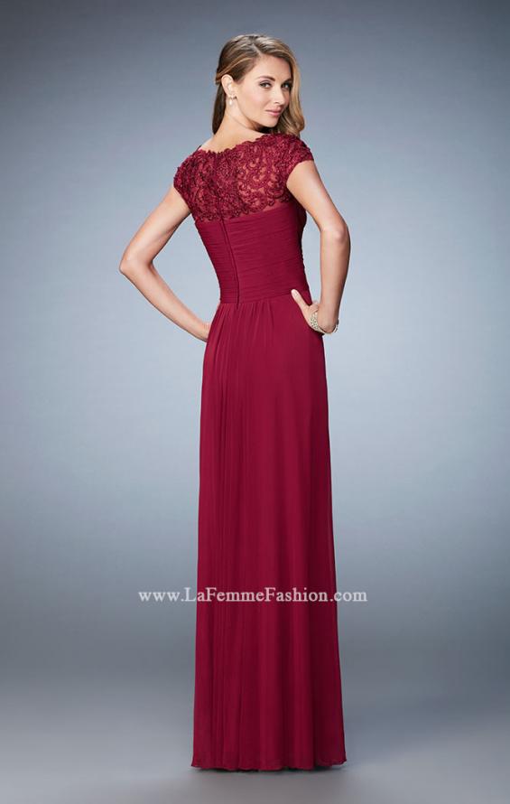 Picture of: Embroidered Lace Evening Gown with Pleated Bodice in Red, Style: 23077, Back Picture