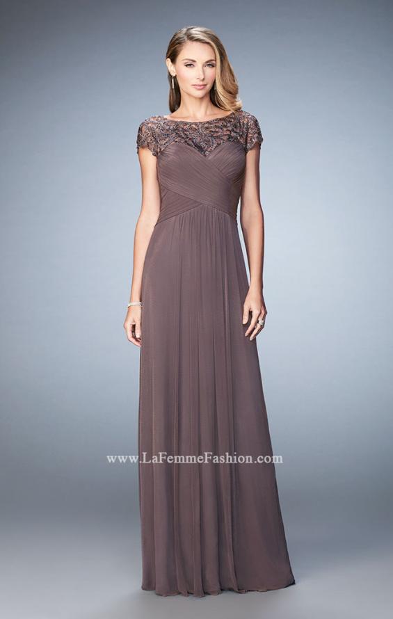 Picture of: Embroidered Lace Evening Gown with Pleated Bodice in Brown, Style: 23077, Detail Picture 1