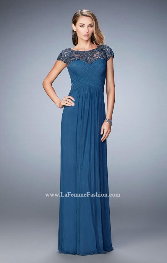 Picture of: Embroidered Lace Evening Gown with Pleated Bodice in Blue, Style: 23077, Detail Picture 2