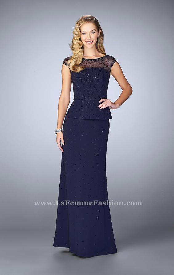 Picture of: Beaded Cap Sleeve Peplum Dress with Sheer Detail in Blue, Style: 23112, Main Picture