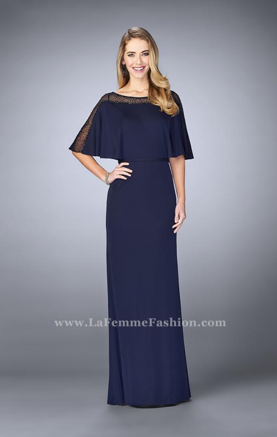 Picture of: Sheer Beaded Evening Dress with Faux Cape in Blue, Style: 23113, Main Picture