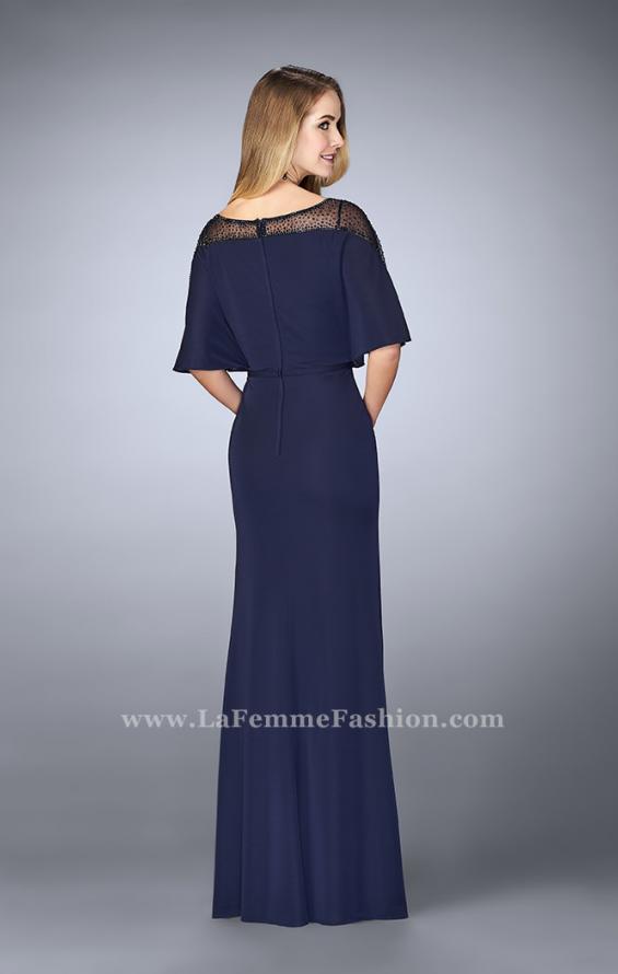 Picture of: Sheer Beaded Evening Dress with Faux Cape in Blue, Style: 23113, Back Picture