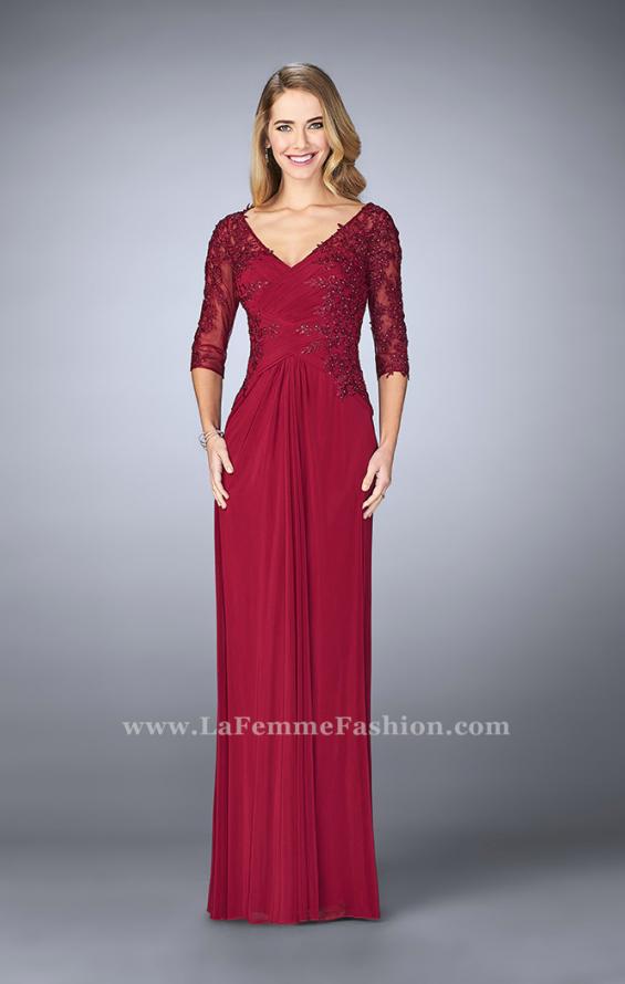 Picture of: 3/4 Sleeve Evening Dress with Lace Accents in Red, Style: 23118, Detail Picture 1