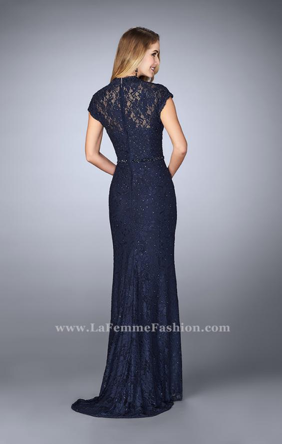 Picture of: Stretch Lace Gown with Sheer Lace Detailing in Blue, Style: 23148, Back Picture