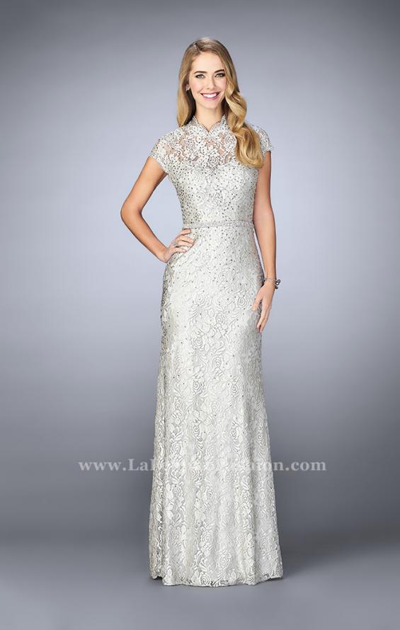 Picture of: Stretch Lace Gown with Sheer Lace Detailing in Silver, Style: 23148, Detail Picture 1