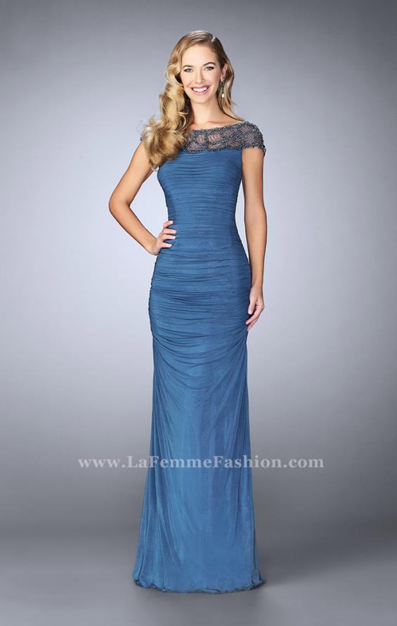 Picture of: Net Jersey Dress with Beading and Sheer Neckline in Blue, Style: 23215, Detail Picture 1