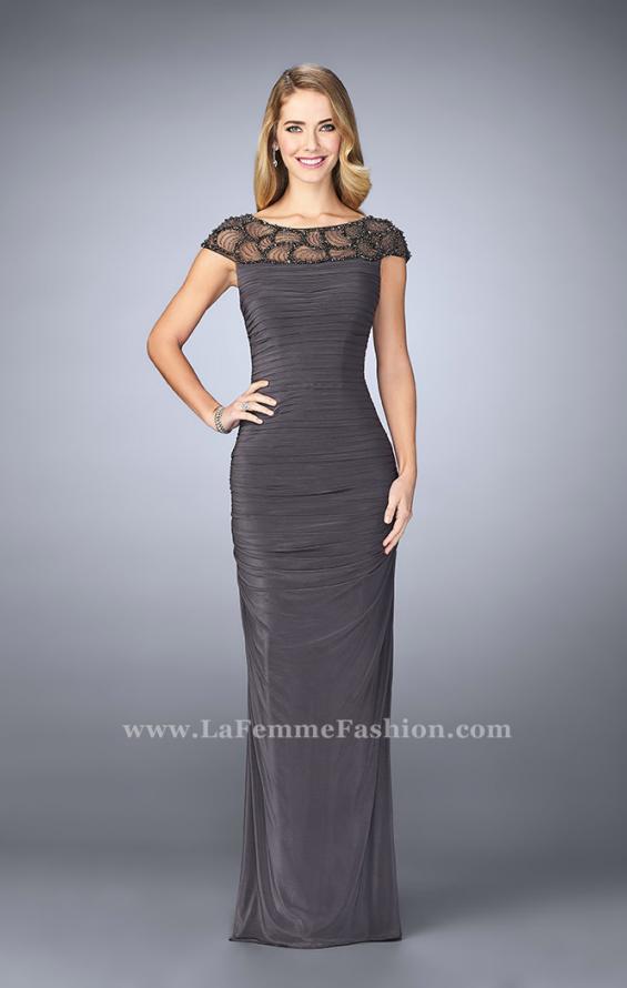 Picture of: Net Jersey Dress with Beading and Sheer Neckline in Silver, Style: 23215, Detail Picture 2