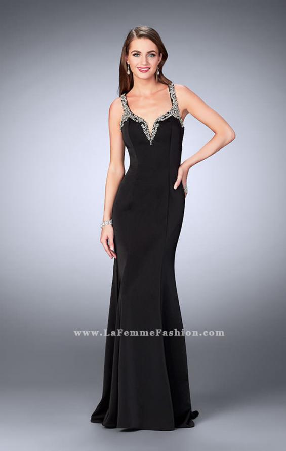 Picture of: Fitted Long Dress with Beaded Neckline and Straps in Black, Style: 23245, Detail Picture 1