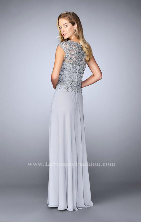 Picture of: Cap Sleeve Beaded Lace Evening Gown in Silver, Style: 23286, Back Picture