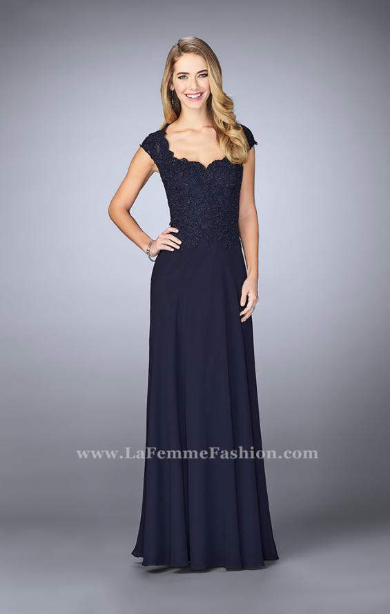 Picture of: Cap Sleeve Beaded Lace Evening Gown in Blue, Style: 23286, Detail Picture 1