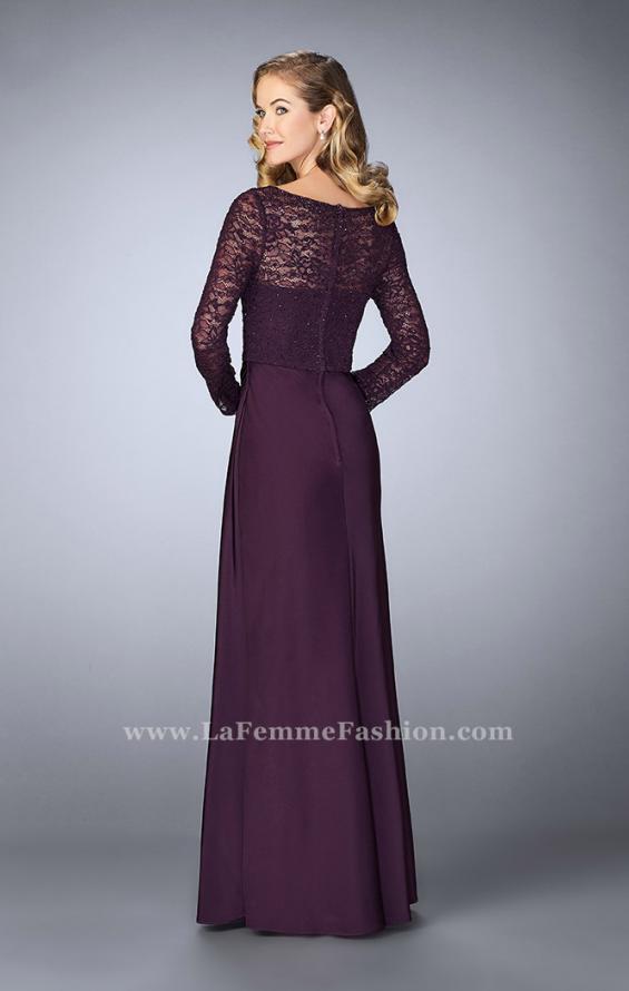 Picture of: Beaded Lace Bodice Evening Dress with Sheer Sleeves in Purple, Style: 23435, Back Picture