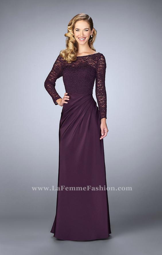 Picture of: Beaded Lace Bodice Evening Dress with Sheer Sleeves in Purple, Style: 23435, Detail Picture 1