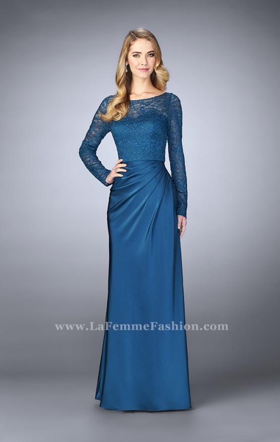 Picture of: Beaded Lace Bodice Evening Dress with Sheer Sleeves in Blue, Style: 23435, Detail Picture 2