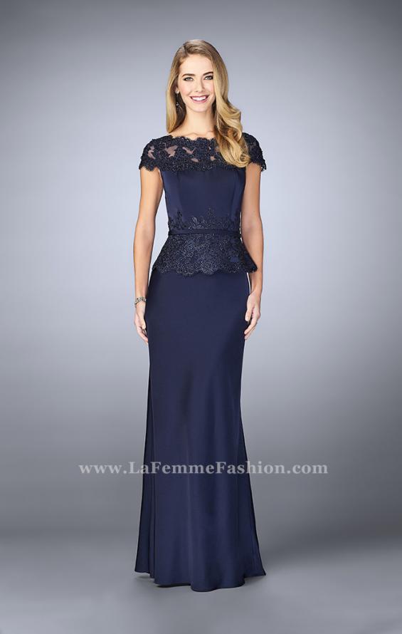 Picture of: Belted Evening Dress with Embroidered Peplum in Blue, Style: 23444, Main Picture