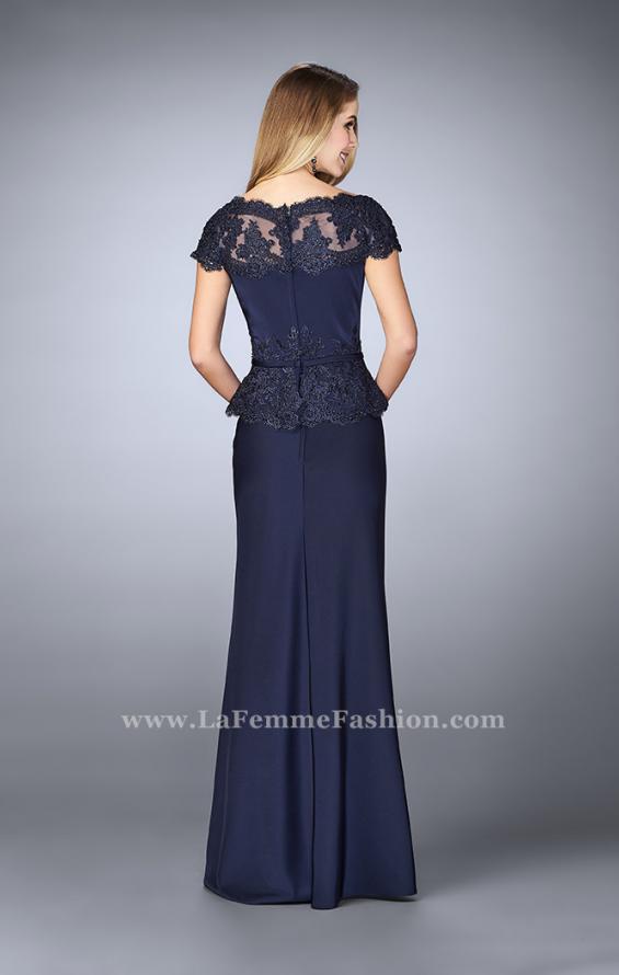 Picture of: Belted Evening Dress with Embroidered Peplum in Blue, Style: 23444, Back Picture