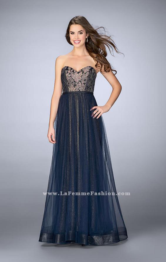 Picture of: Long A-Line Dress with Tulle Skirt and Gold Lining in Blue, Style: 23455, Main Picture