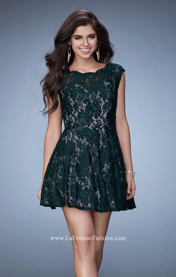 Picture of: Scalloped Lace Short Sleeve Homecoming Dress in Green, Style: 23467, Main Picture