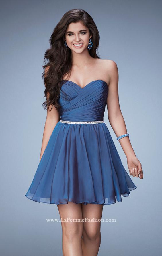 Picture of: Strapless Chiffon Short Dress with Beaded Belt in Blue, Style: 23482, Main Picture