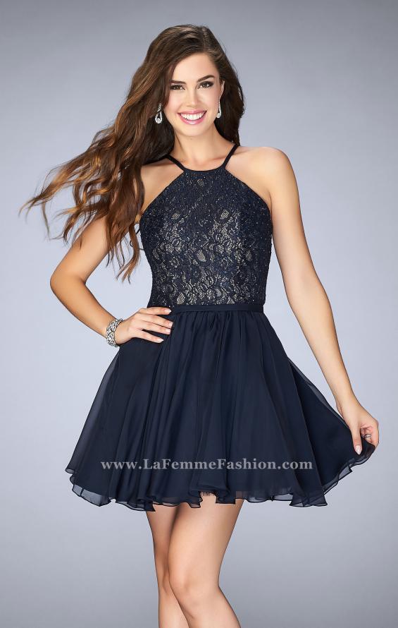 Picture of: High Neck Short Dress with Lace Bodice in Blue, Style: 23483, Main Picture