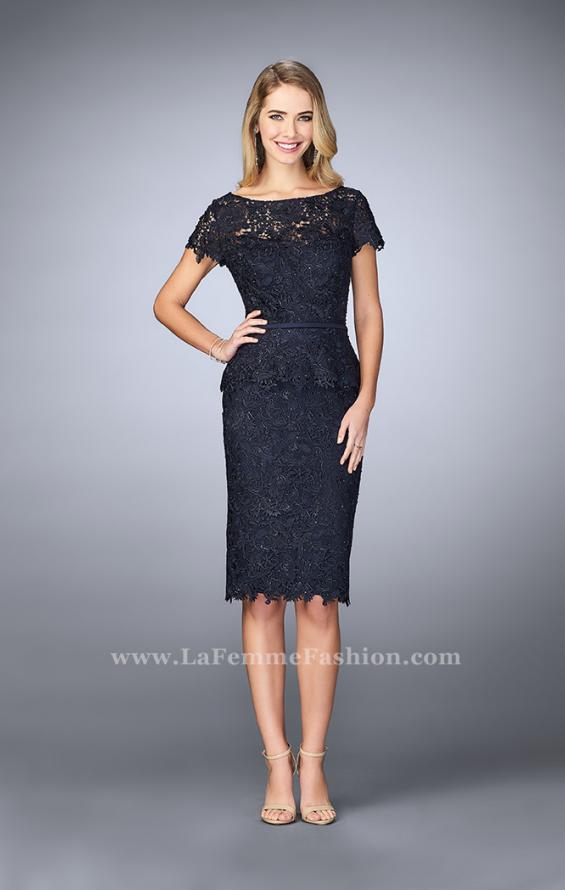 Picture of: Knee Length Peplum Lace Dress with Thin Belt in Blue, Style: 23505, Main Picture