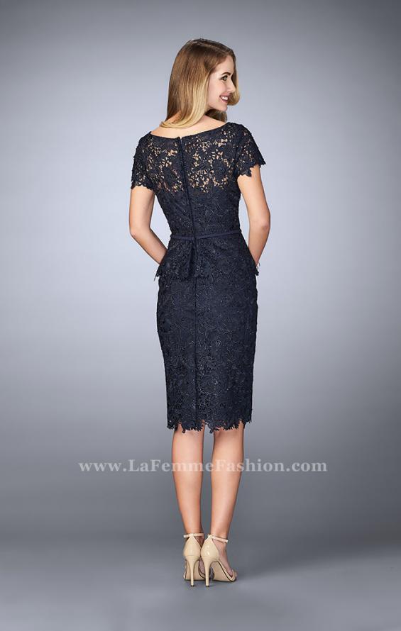 Picture of: Knee Length Peplum Lace Dress with Thin Belt in Blue, Style: 23505, Back Picture