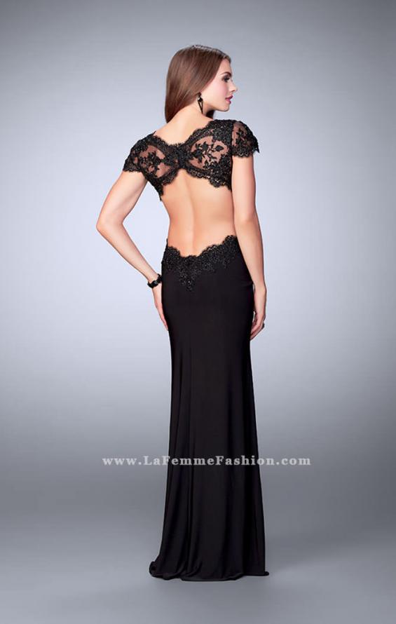 Picture of: Fitted Lace Dress with Jersey Skirt and Open Back in Black, Style: 23561, Back Picture