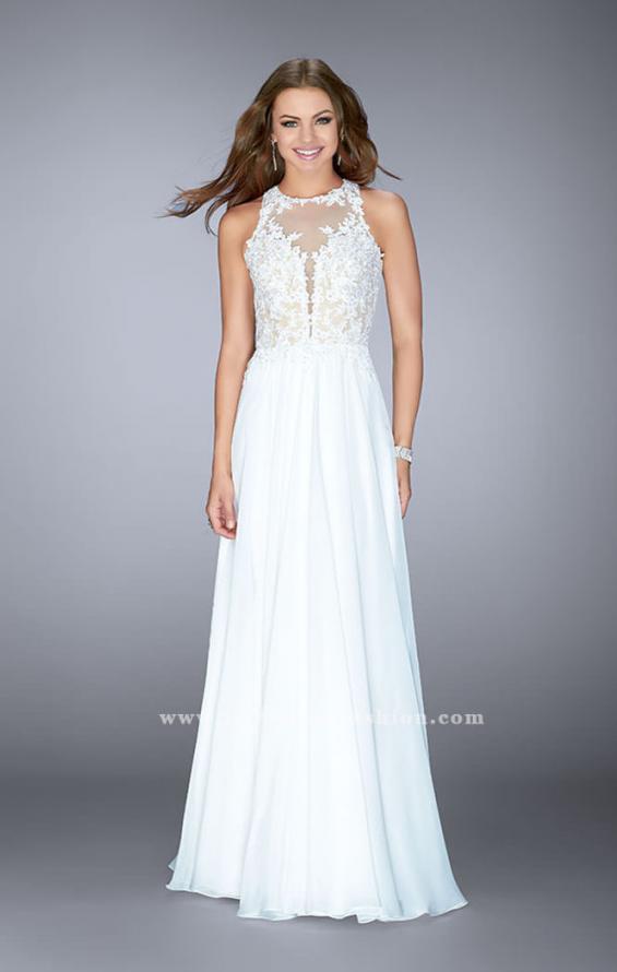 Picture of: A-line Dress with Lace Illusion Neckline and Chiffon Skirt in White, Style: 23704, Detail Picture 1