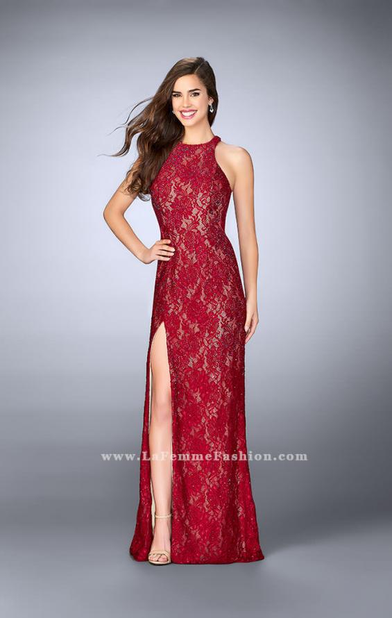 Picture of: High Neck Lace Dress with Scalloped Back and Slit in Red, Style: 23708, Main Picture
