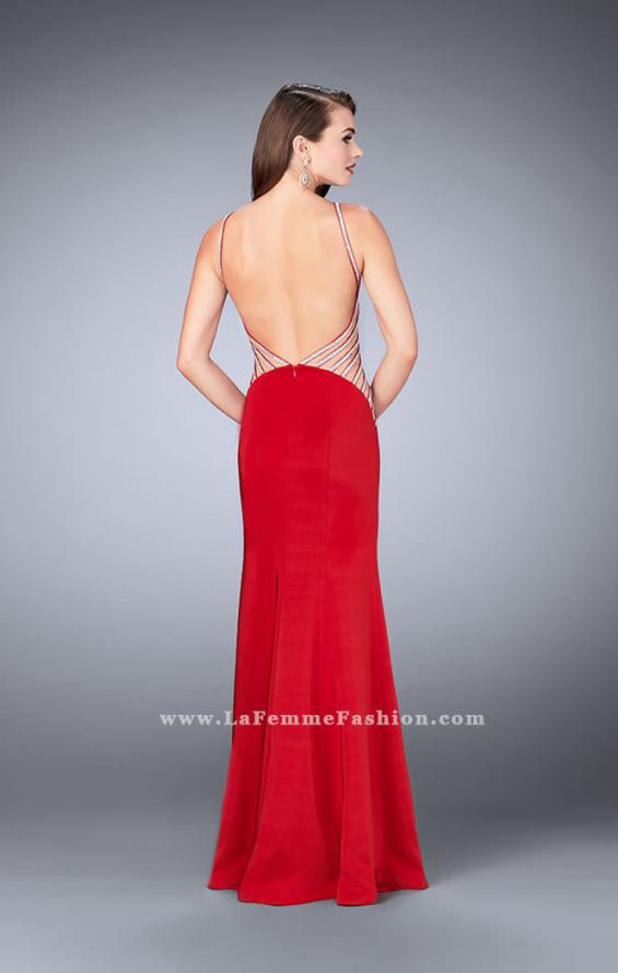 Picture of: Long Prom Gown with High Neck and Beaded Cut Outs in Red, Style: 23718, Back Picture
