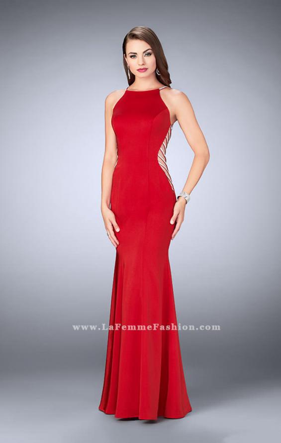 Picture of: Long Prom Gown with High Neck and Beaded Cut Outs in Red, Style: 23718, Detail Picture 1