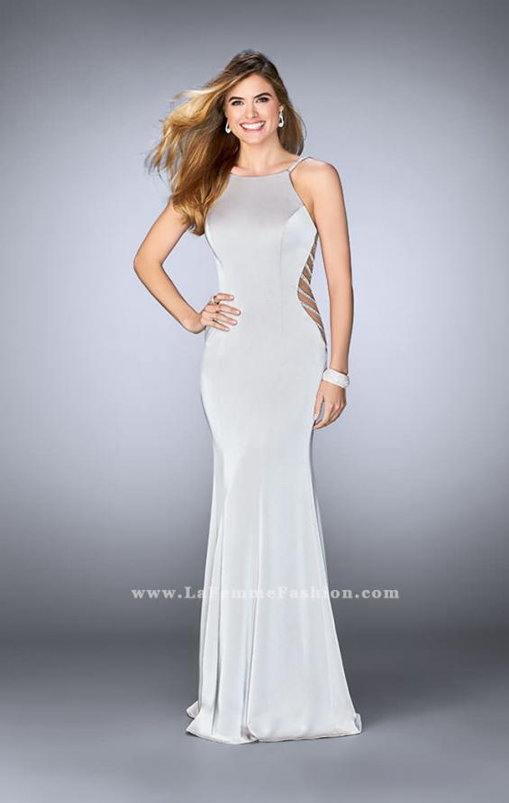 Picture of: Long Prom Gown with High Neck and Beaded Cut Outs in Silver, Style: 23718, Detail Picture 3