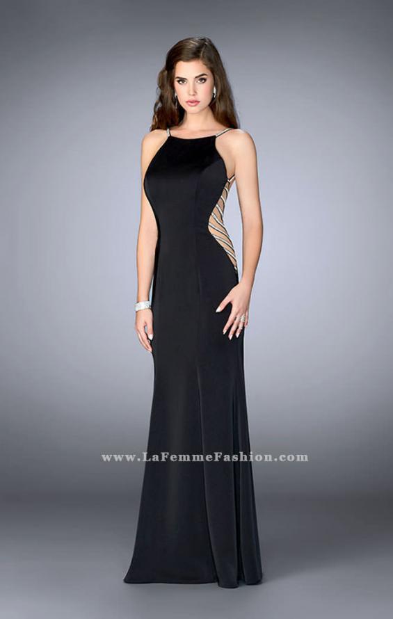 Picture of: Long Prom Gown with High Neck and Beaded Cut Outs in Black, Style: 23718, Detail Picture 5