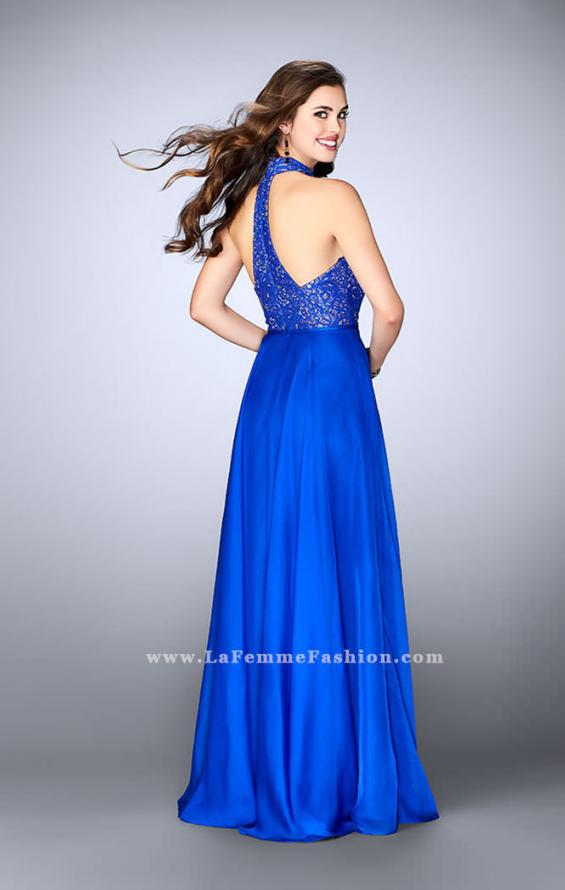 Picture of: High Collar A-line Dress with Lace Top and Chiffon Skirt in Blue, Style: 23754, Back Picture