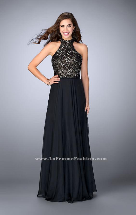 Picture of: High Collar A-line Dress with Lace Top and Chiffon Skirt in Black, Style: 23754, Detail Picture 1