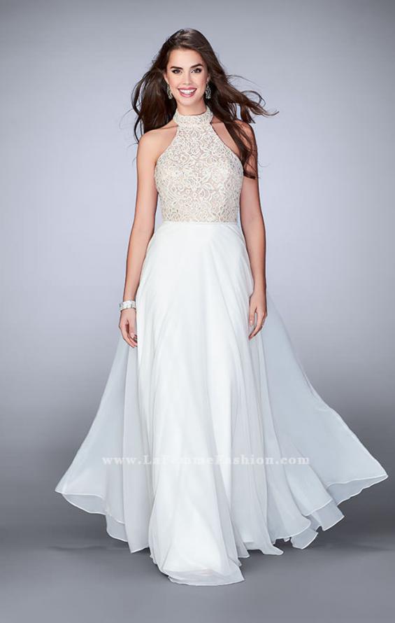 Picture of: High Collar A-line Dress with Lace Top and Chiffon Skirt in White, Style: 23754, Detail Picture 2