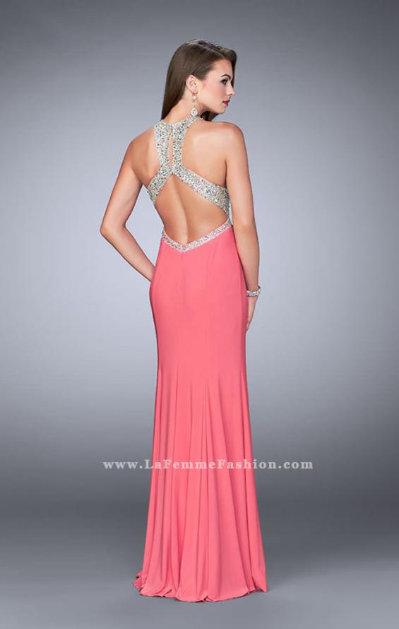 Picture of: High Neck Jersey Gown with Beaded Top and Open Back in Pink, Style: 23770, Back Picture