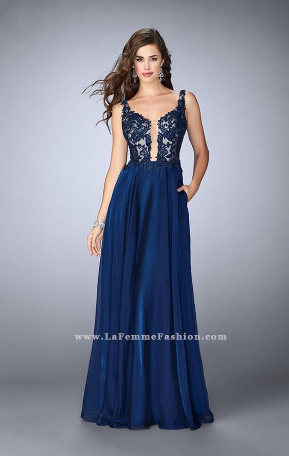 Picture of: A-line Chiffon Dress with Lace Top and Pockets in Blue, Style: 23802, Main Picture