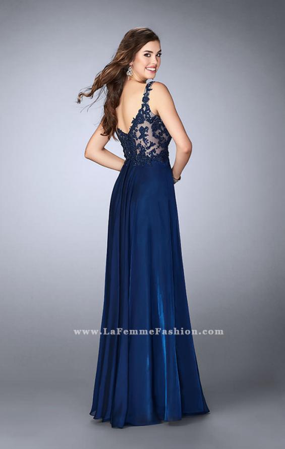 Picture of: A-line Chiffon Dress with Lace Top and Pockets in Blue, Style: 23802, Back Picture