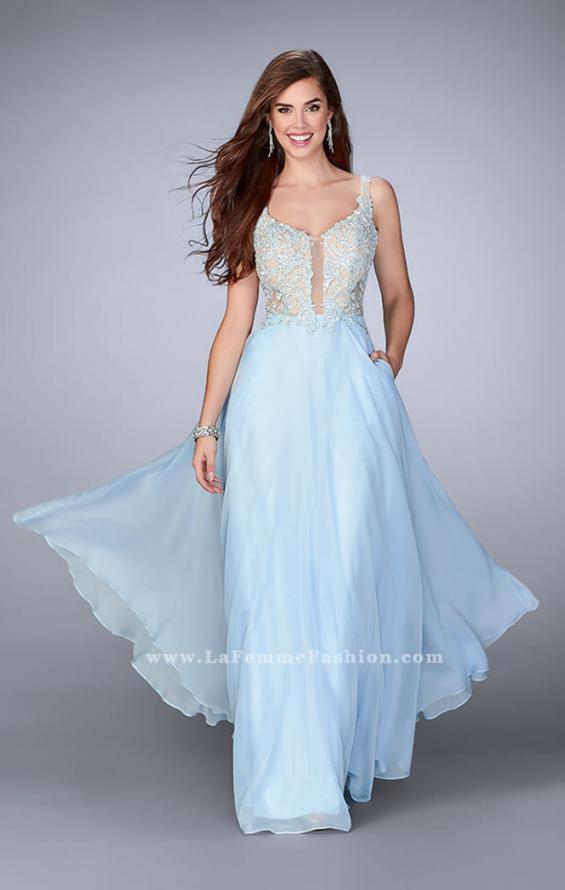 Picture of: A-line Chiffon Dress with Lace Top and Pockets in Blue, Style: 23802, Detail Picture 1