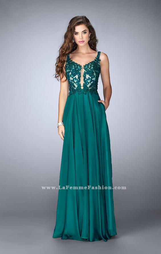 Picture of: A-line Chiffon Dress with Lace Top and Pockets in Green, Style: 23802, Detail Picture 2