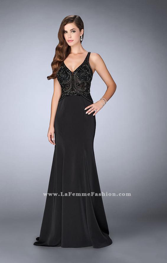 Picture of: Fitted Jersey Dress with Sheer Beaded Top and Cut Outs in Black, Style: 23909, Detail Picture 2