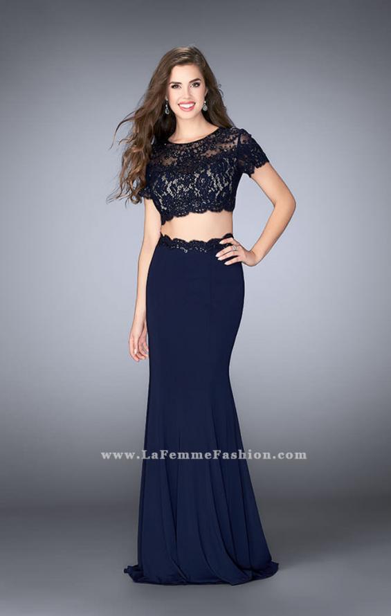 Picture of: Two Piece Beaded Lace Prom Gown with Cap Sleeves in Blue, Style: 23912, Main Picture
