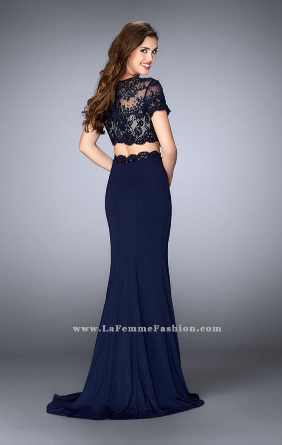 Picture of: Two Piece Beaded Lace Prom Gown with Cap Sleeves in Blue, Style: 23912, Back Picture