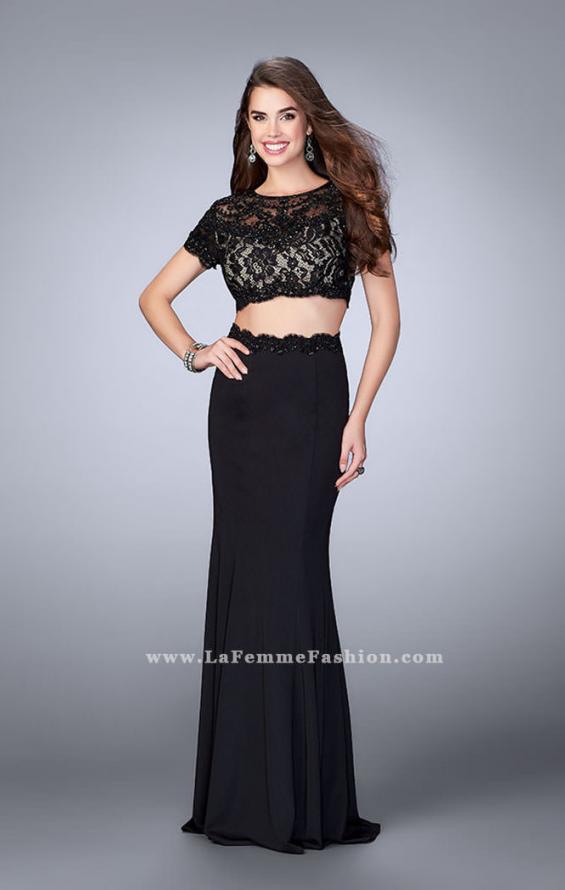 Picture of: Two Piece Beaded Lace Prom Gown with Cap Sleeves in Black, Style: 23912, Detail Picture 3