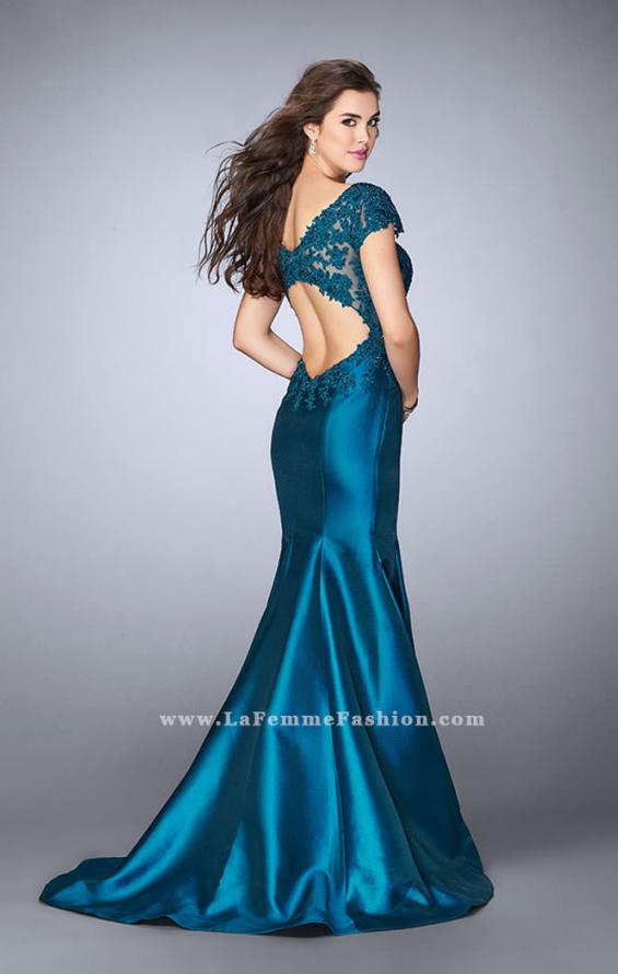 Picture of: Mikado Mermaid Dress with Lace Top and Cap Sleeves in Blue, Style: 23960, Back Picture